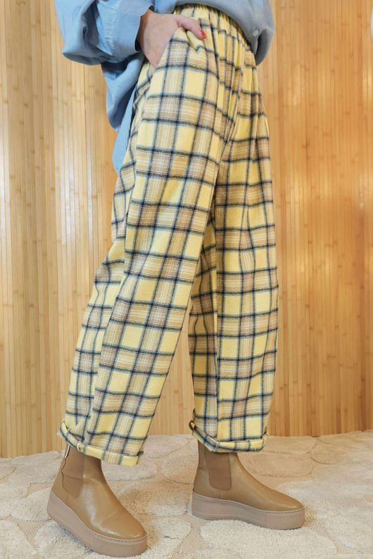 Rhona Plaid Brushed Cotton Kick Pant Lemon